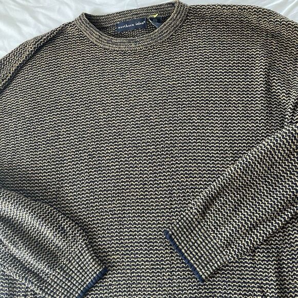 Northern Isles Tan Navy‎ Print Pullover Silk Blend Crewneck Grandpa Sweater XL - Picture 1 of 4